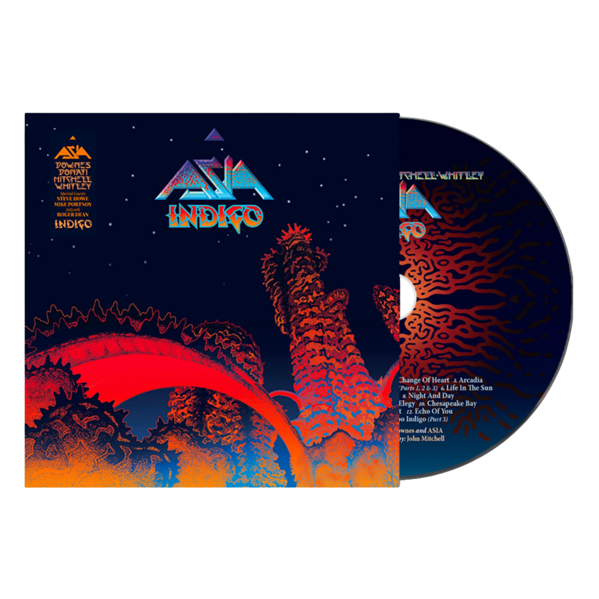 A vinyl record and its illustrated sleeve for the band Asia's album 'Indigo', featuring a dark blue space-themed cover with red and orange desert-like organic shapes.