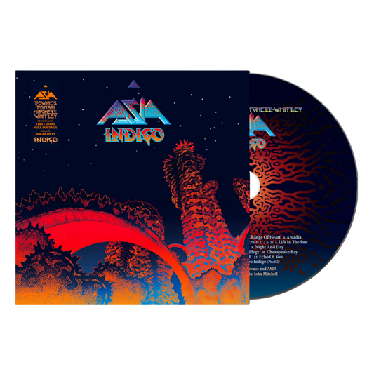 A vinyl record and its illustrated sleeve for the band Asia's album 'Indigo', featuring a dark blue space-themed cover with red and orange desert-like organic shapes.